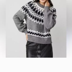 Ann Taylor Gray and Black Fair Isle Crewneck Sweater